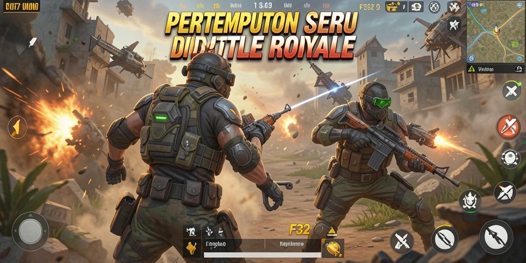 Screenshot gameplay F32 memperlihatkan aksi menegangkan dalam pertempuran Battle Royale.