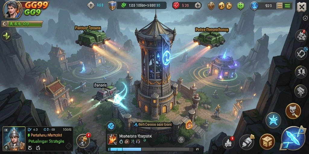 Screenshot GG99 yang menampilkan strategi menara pertahanan yang menegangkan.