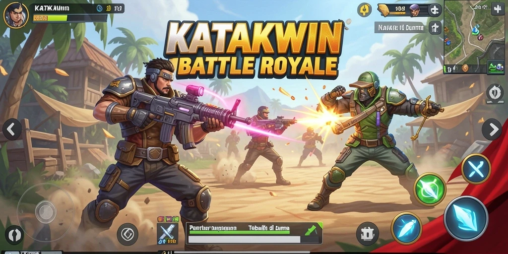 Screenshot gameplay KATAKWIN menampilkan pertarungan menegangkan di arena Battle Royale.