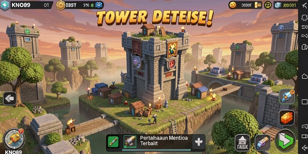 Screenshot gameplay KNO89 menampilkan strategi Tower Defense yang mendebarkan.