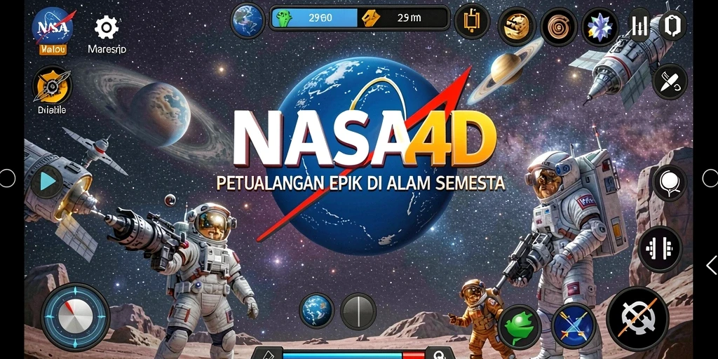 Tangkapan layar utama NASA4D menampilkan aksi seru di luar angkasa.