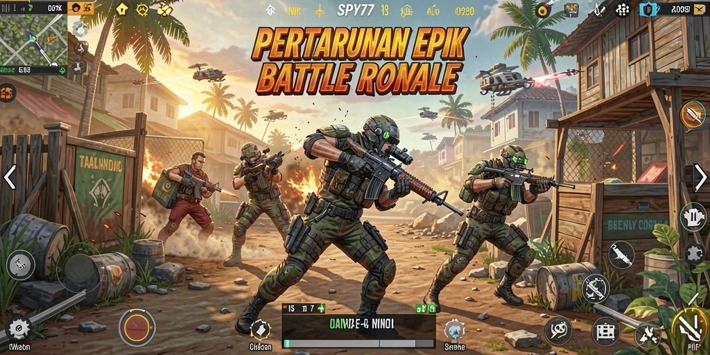 Tampilan gameplay SPY77 yang intens dalam pertempuran Battle Royale.