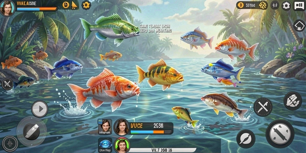 Tampilan gameplay seru dengan beragam ikan menarik untuk ditembak.